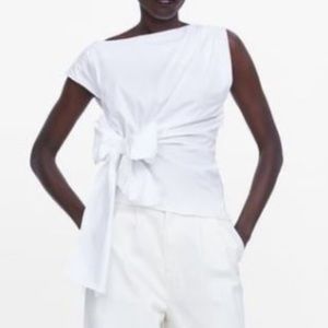 Zara Poplin Top with Bow White Size Small